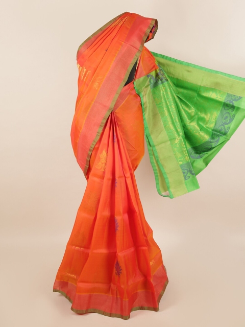 

Pothys Orange & Green Floral Motifs Zari Silk Blend Saree