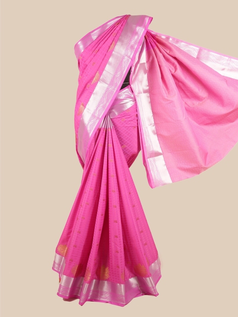 

Pothys Pink & Gold-Toned Checked Zari Silk Blend Saree