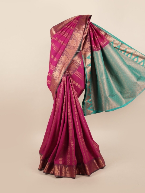 

Pothys Pink & Sea Green Ethnic Motifs Zari Silk Blend Saree