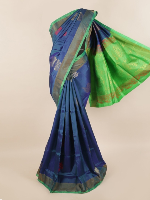 

Pothys Blue & Gold-Toned Floral Zari Silk Blend Saree
