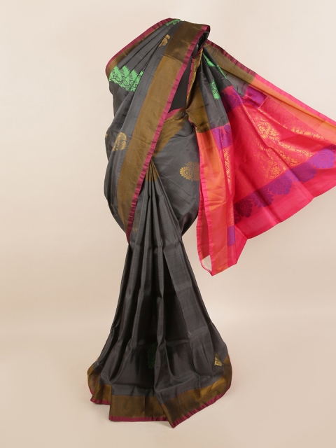 

Pothys Charcoal & Gold-Toned Floral Zari Silk Blend Saree