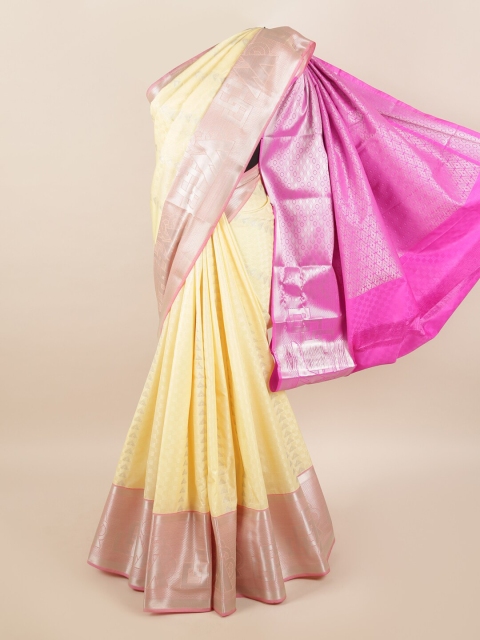 

Pothys Cream-Coloured & Silver-Toned Zari Silk Blend Saree