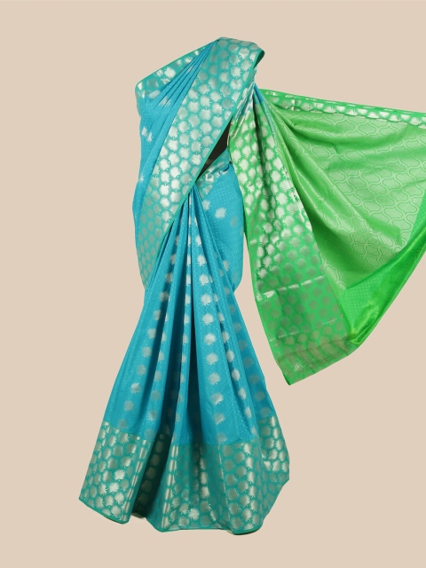 

Pothys Blue & Silver-Toned Floral Zari Silk Blend Saree