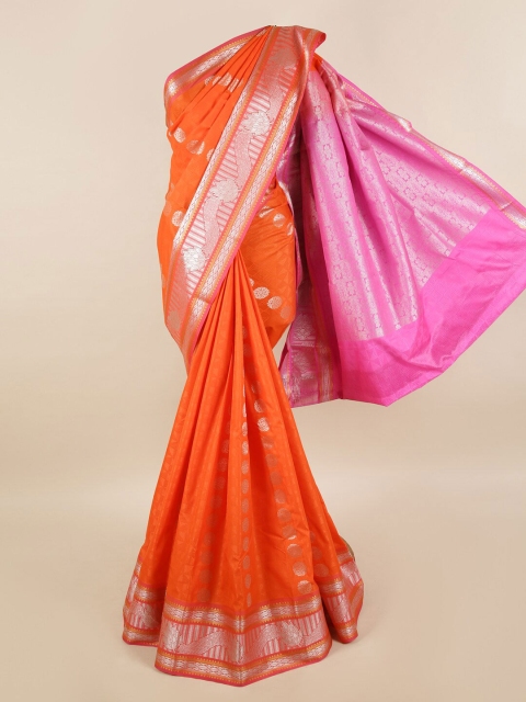 

Pothys Orange & Silver-Toned Ethnic Motifs Zari Silk Blend Saree