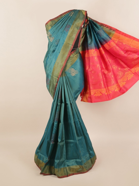 

Pothys Teal & Gold-Toned Floral Zari Silk Blend Saree