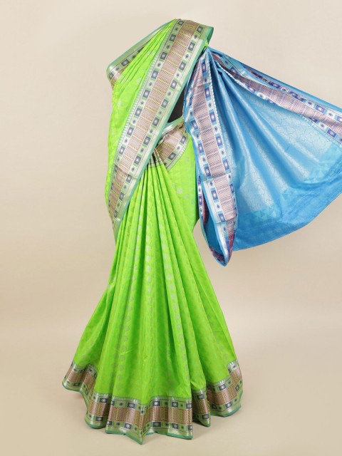 

Pothys Lime Green & Silver-Toned Zari Silk Blend Saree