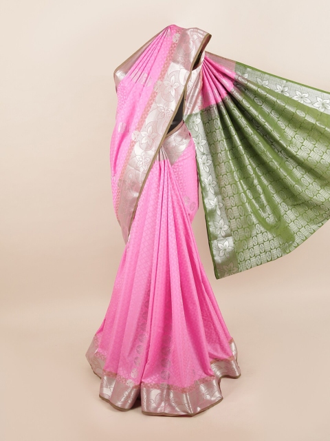 

Pothys Pink & Silver-Toned Floral Zari Silk Blend Saree