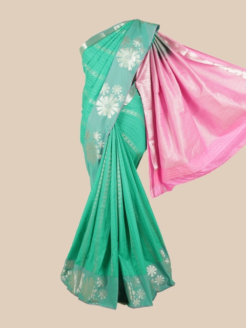 

Pothys Green & Silver-Toned Floral Zari Silk Blend Saree