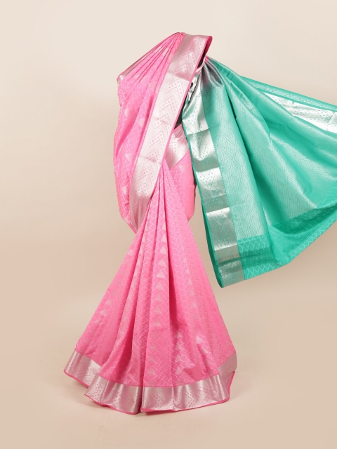 

Pothys Pink & Silver-Toned Zari Silk Blend Saree