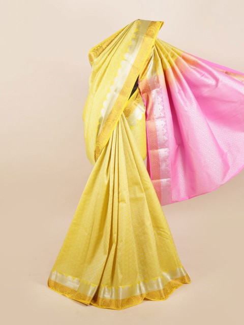 

Pothys Yellow & Silver-Toned Ethnic Motifs Zari Silk Blend Saree