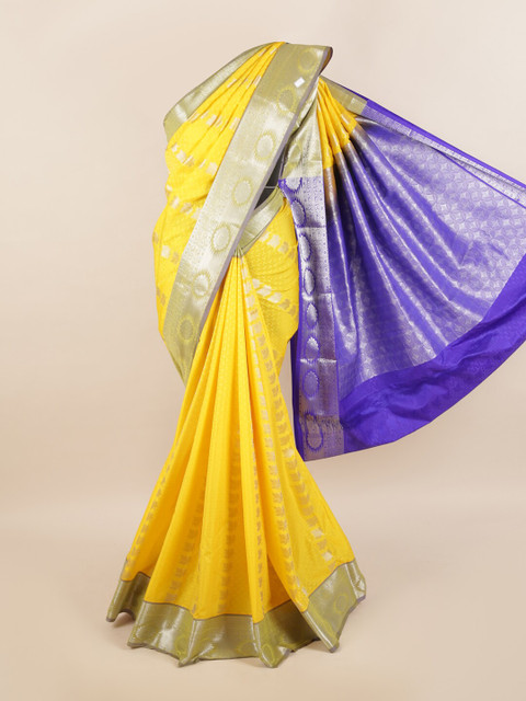 

Pothys Yellow & Blue Floral Motifs Zari Silk Blend Saree
