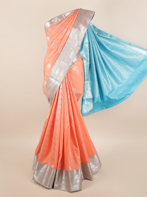 

Pothys Peach-Coloured & Turquoise Blue Ethnic Motifs Zari Silk Blend Saree
