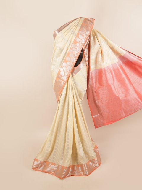 

Pothys Cream-Coloured & Pink Floral Zari Silk Blend Saree