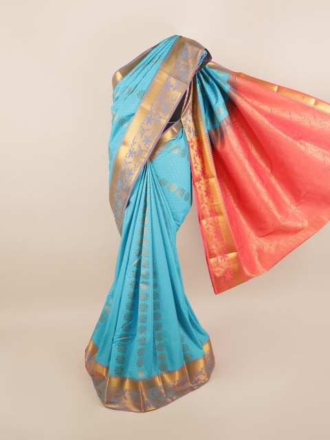 

Pothys Turquoise Blue & Pink Floral Motifs Zari Silk Blend Saree