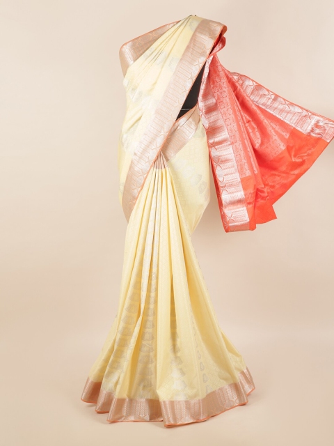 

Pothys Cream-Coloured & Orange Ethnic Motifs Zari Silk Blend Saree