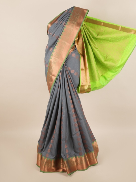 

Pothys Grey & Green Floral Motifs Zari Silk Blend Saree