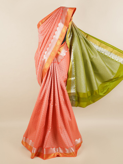 

Pothys Peach-Coloured & Green Ethnic Motifs Zari Silk Blend Saree