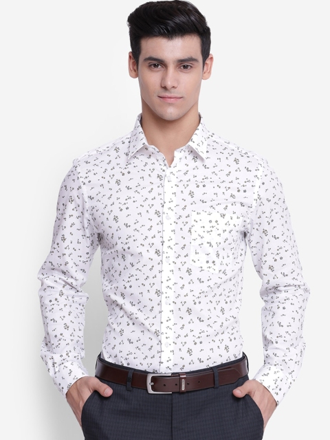 

Turtle Men White & Olive Green Slim Fit Opaque Printed Cotton Formal Shirt