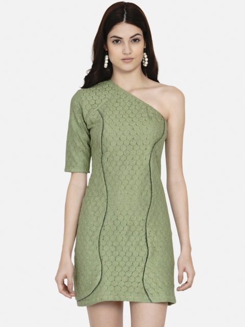 

Samshek Women Green One Shoulder Lace Sheath Dress