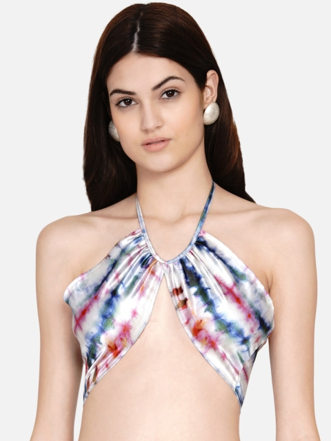 

Samshek White & Blue Tie and Dye Printed Halter Neck Satin Bralette Crop Top