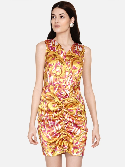 

Samshek Women Multicoloured Floral Satin Gathered Sheath Dress, Multi