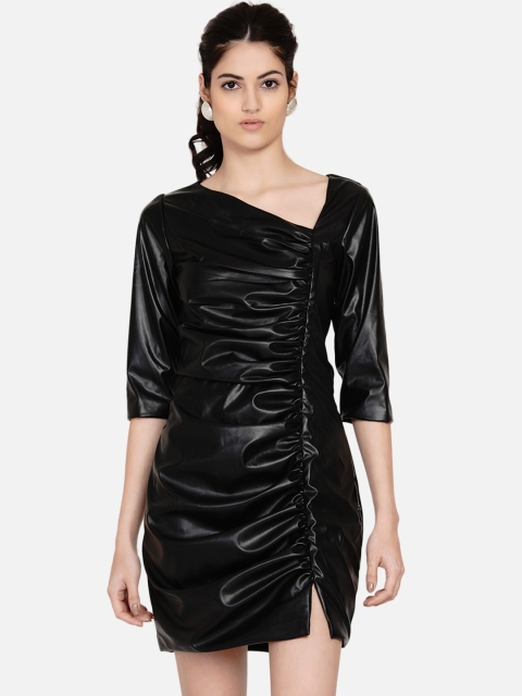 

Samshek Women Black Leather Gathered Sheath Dress