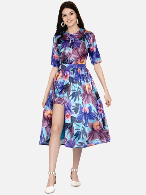 

Samshek Blue & Maroon Floral Printed Midi Fit & Flare Dress With Belt Detailing