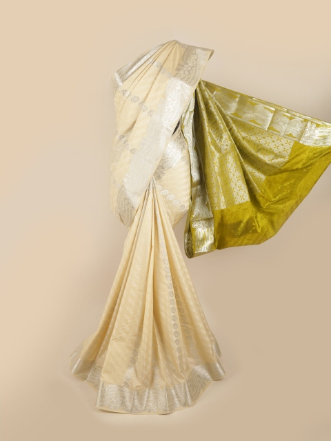 

Pothys Cream-Coloured & Green Woven Design Zari Pure Silk Saree