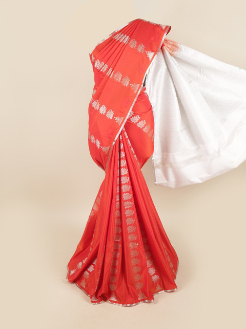 

Pothys Red & Silver-Toned Floral Zari Pure Silk Saree