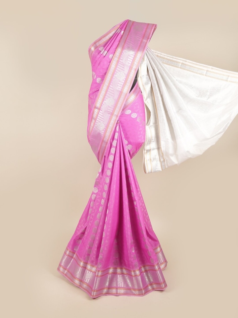 

Pothys Pink & Silver-Toned Woven Design Zari Pure Silk Saree