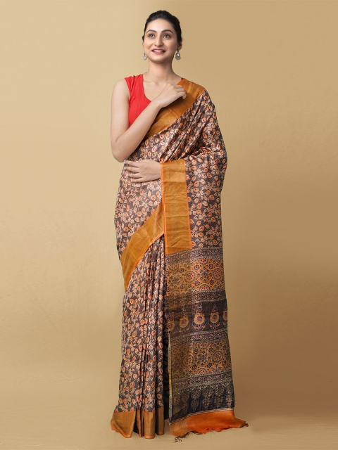 

Unnati Silks Brown & Mustard Woven Design Zari Pure Silk Murshidabad silk Saree