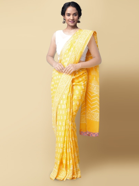 

Unnati Silks Yellow & White Dabu Zari Pure Cotton Block Print Saree