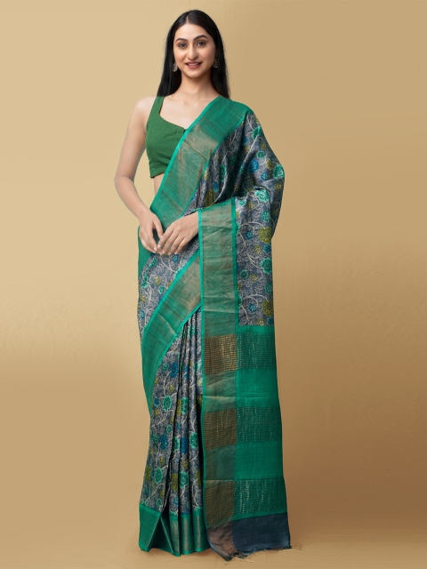 

Unnati Silks Grey & Green Ethnic Motifs Zari Pure Silk Murshidabad silk Saree