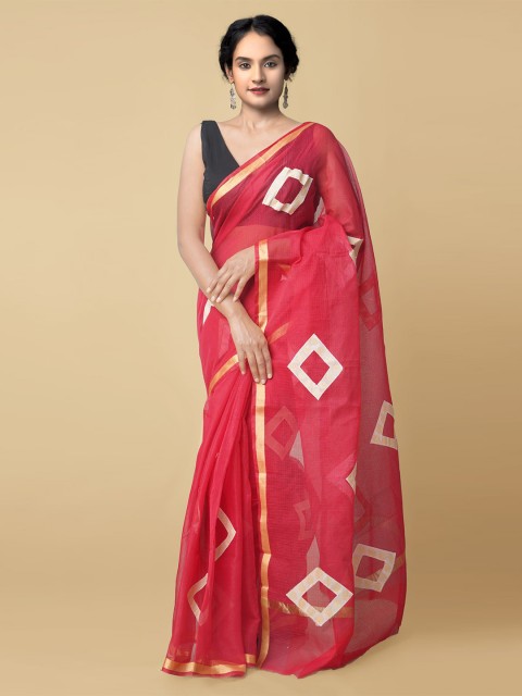 

Unnati Silks Red & White Geometric Zari Cotton Blend Kota Saree