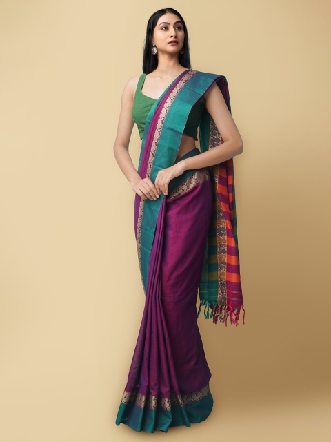 

Unnati Silks Purple & Green Zari Pure Cotton Narayan Peth Saree