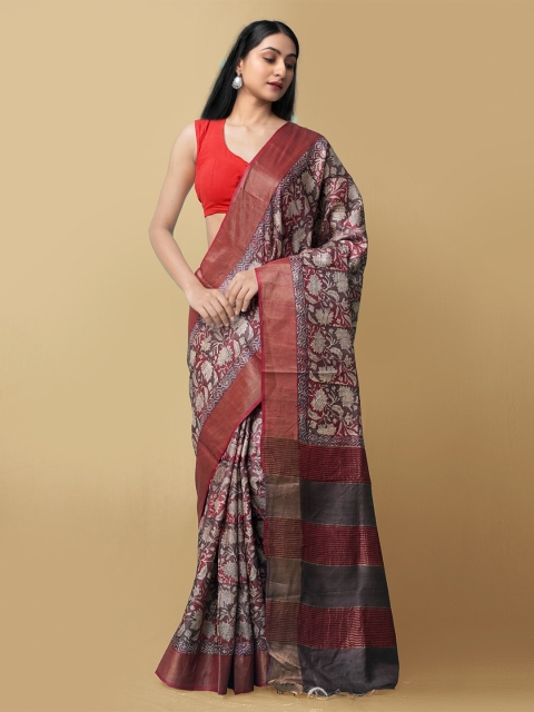 

Unnati Silks Maroon & Red Floral Zari Pure Silk Murshidabad silk Saree