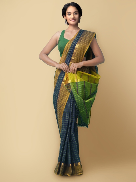 

Unnati Silks Blue & Green Checked Pure Cotton Mangalagiri Saree