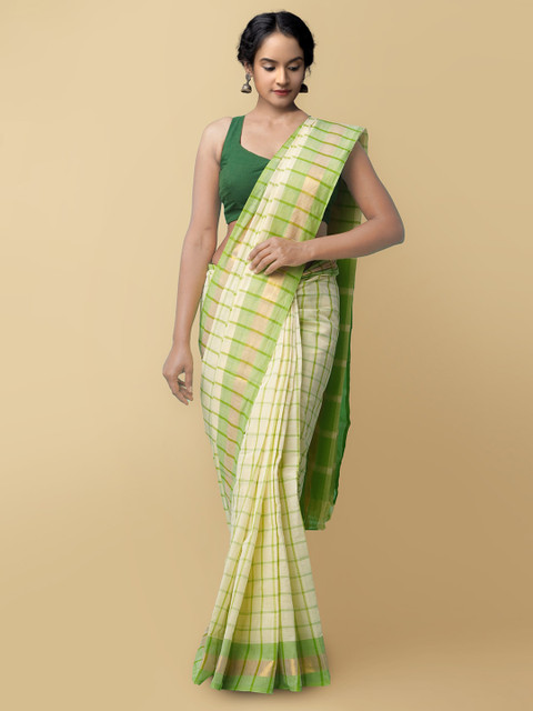 

Unnati Silks Women Cream-Coloured & Green Pure Pavani Mangalagiri Cotton Sustainable Saree