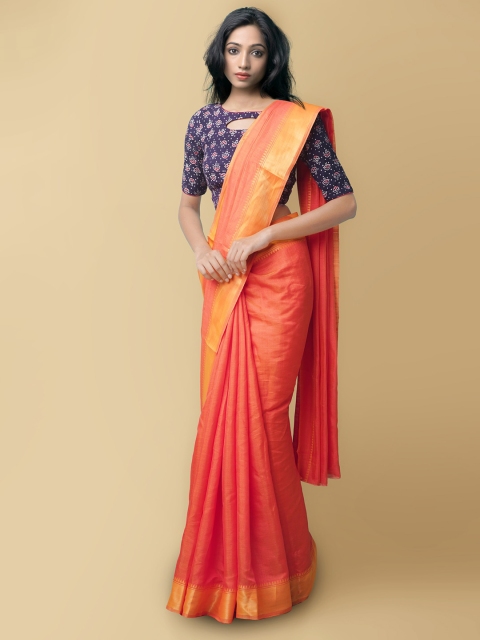 

Unnati Silks Women Orange & Gold-Toned Fancy Art Silk Saree