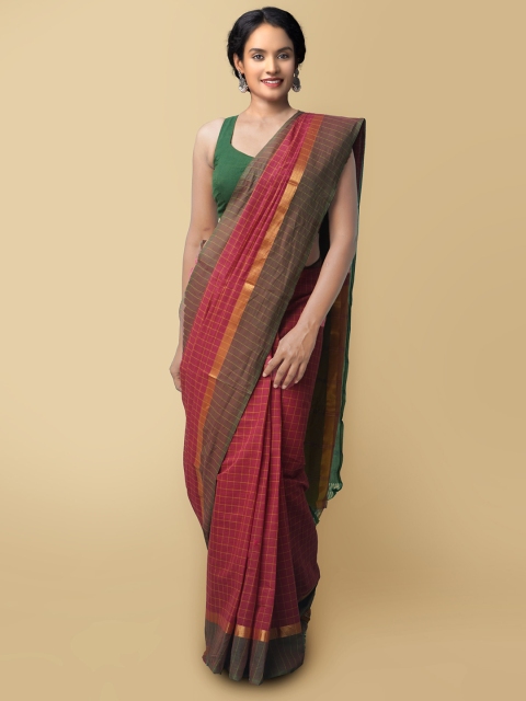 

Unnati Silks Maroon & Green Checked Pure Cotton Mangalagiri Saree
