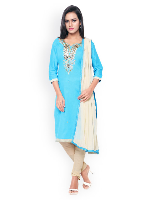 

Satrani Blue & Beige Solid Chanderi Dress Material
