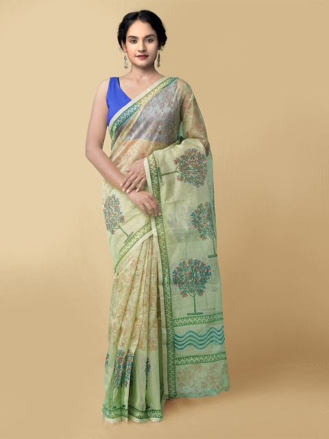 

Unnati Silks Green & Brown Floral Supernet Block Print Saree