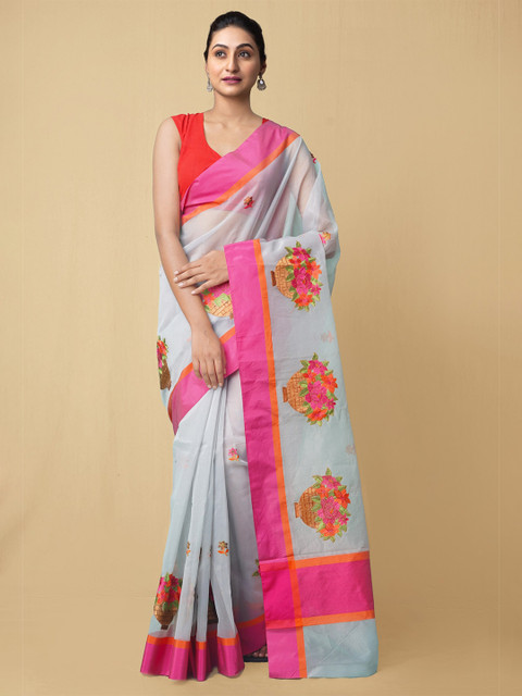 

Unnati Silks Grey & Pink Floral Organza Murshidabad silk Saree