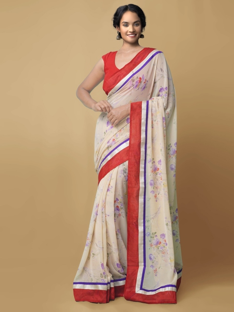 

Unnati Silks Women Cream-Coloured & Red Floral Georgette Saree