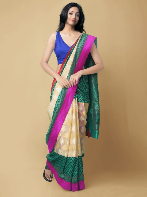 

Unnati Silks Green & Purple Woven Design Silk Cotton Banarasi Saree