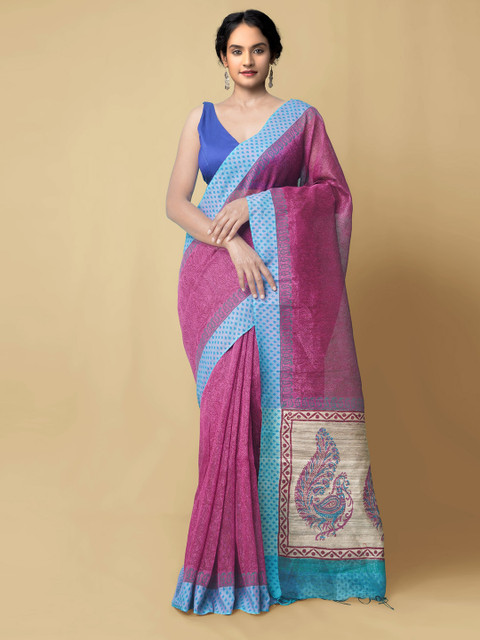

Unnati Silks Pink & Blue Ethnic Motifs Art Silk Chanderi Saree