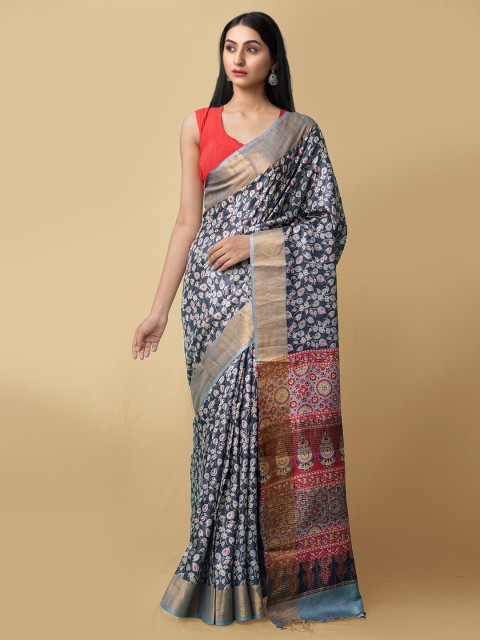 

Unnati Silks Grey & Orange Floral Zari Pure Silk Murshidabad silk Saree