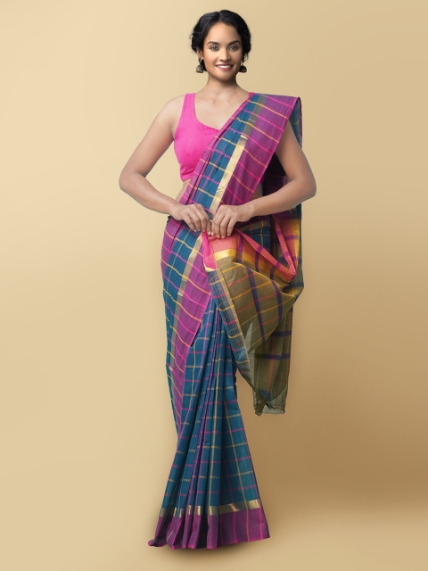 

Unnati Silks Blue & Pink Checked Zari Pure Cotton Pavani Mangalagiri Saree