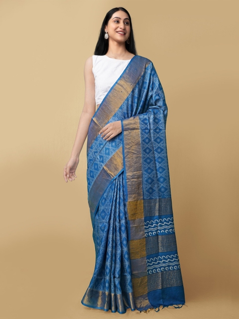 

Unnati Silks Blue & Gold-Toned Ethnic Motifs Zari Pure Silk Murshidabad silk Saree