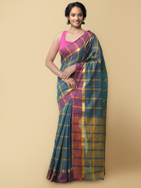 

Unnati Silks Blue & Brown Checked Pure Cotton Mangalagiri Saree